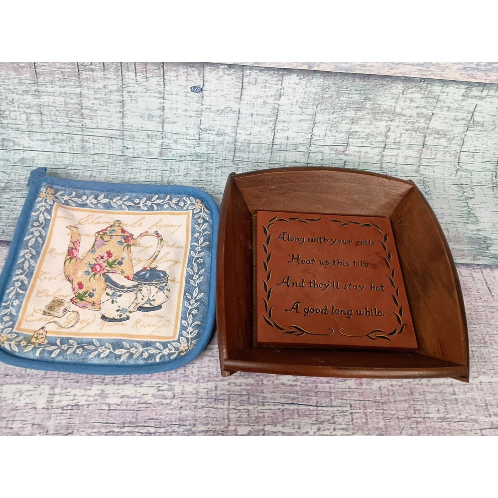 Vintage Square Wood Bread Tray/Box Country Rustic Style & A Warming Tile